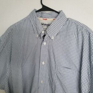 Wrangler Shirt 2X Blue Plaid Button Down Cotton Short Sleeve Collared